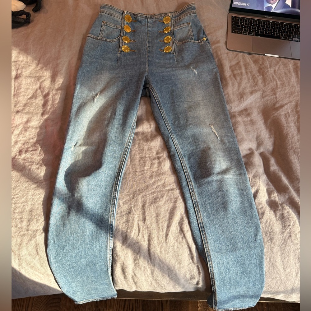 Balmain High Rise Blue Jeans with Gold Accents